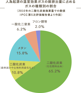 人為起源の温室効果ガスの総排出量に占めるガスの種類別の割合